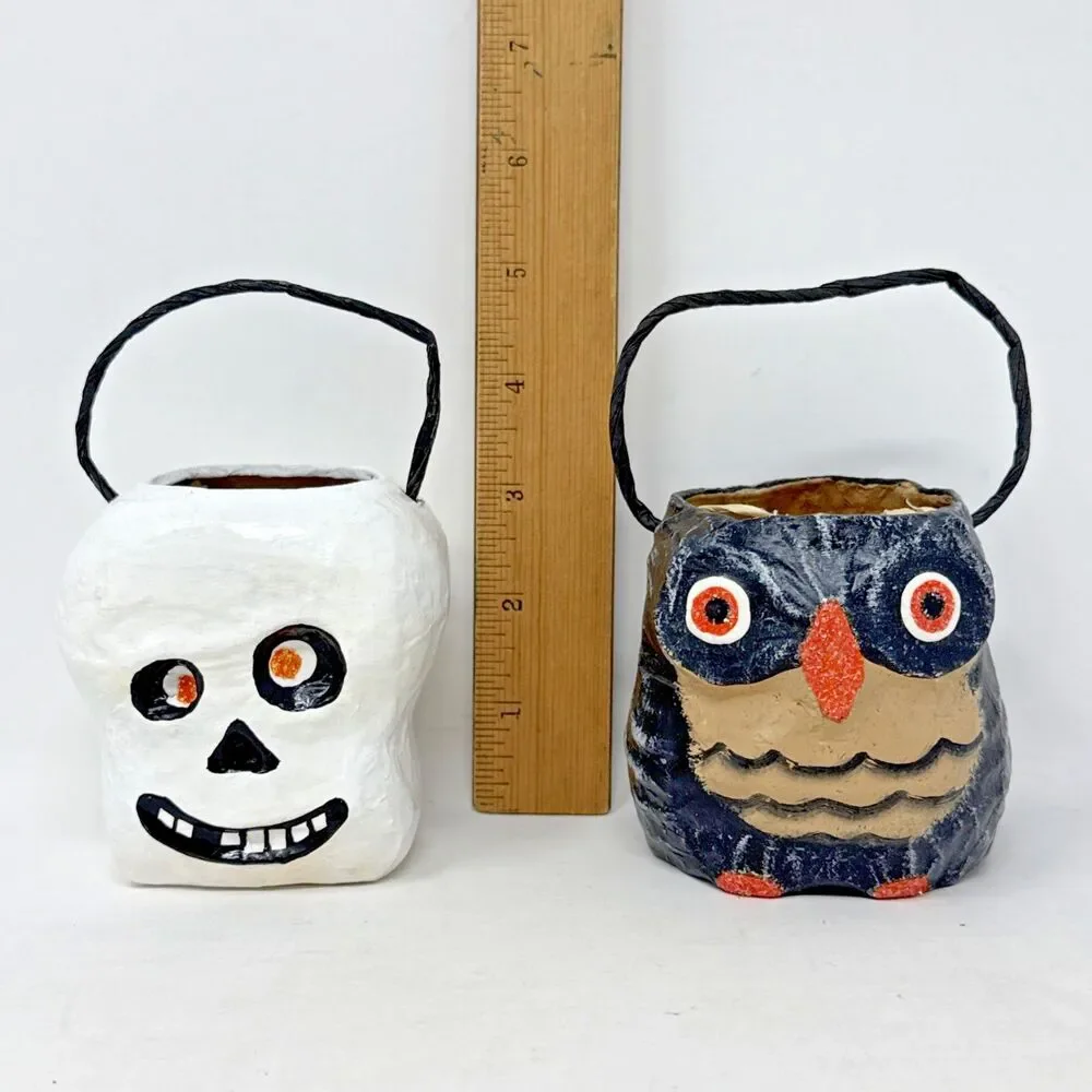 Pottery Barn Kids Paper Mache Owl & Skull Mini Candy Holder Halloween 3x3 Retro